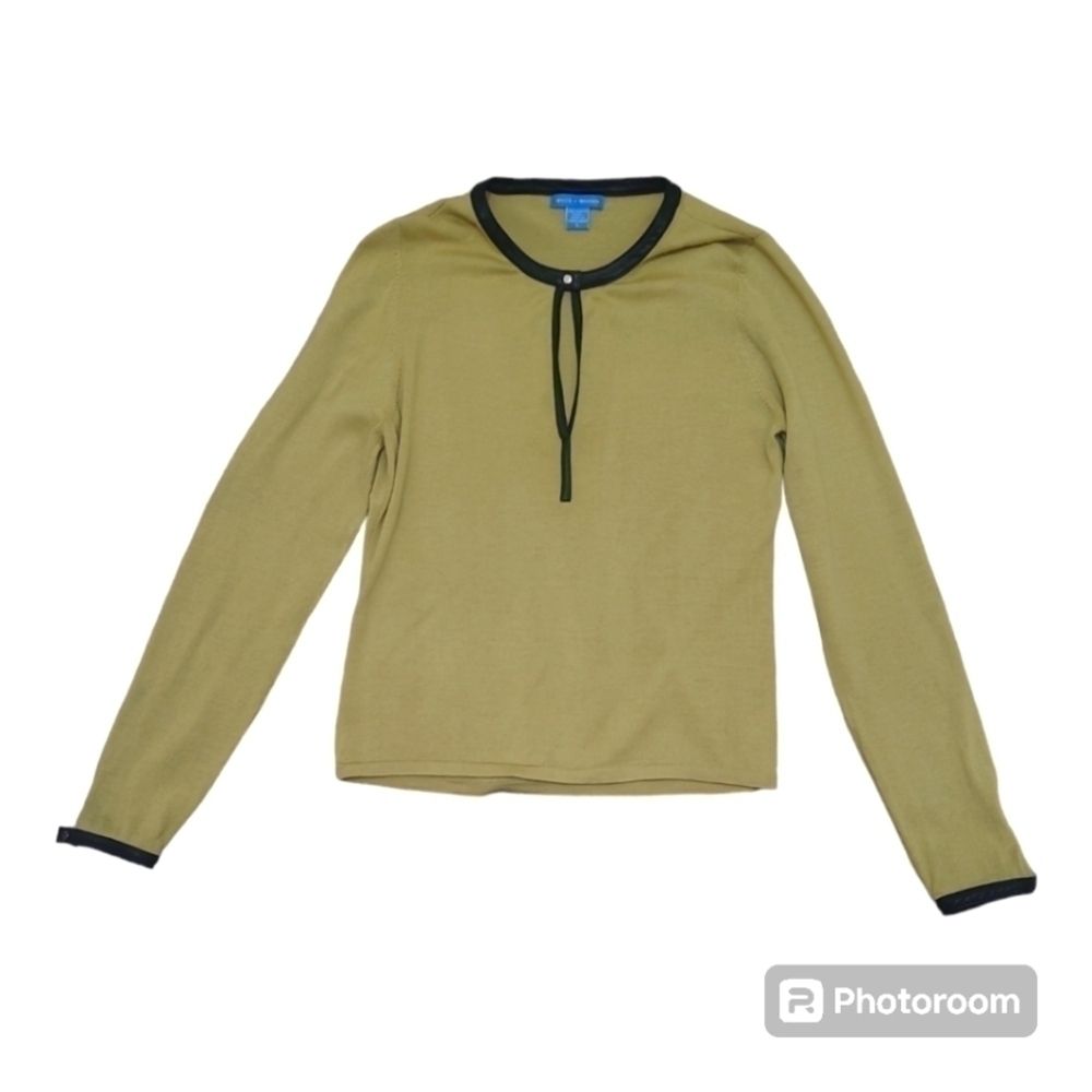 White + Warren Merino Wool Lime Green Sweater Black Leather Trim Size Large - Picture 2 of 13